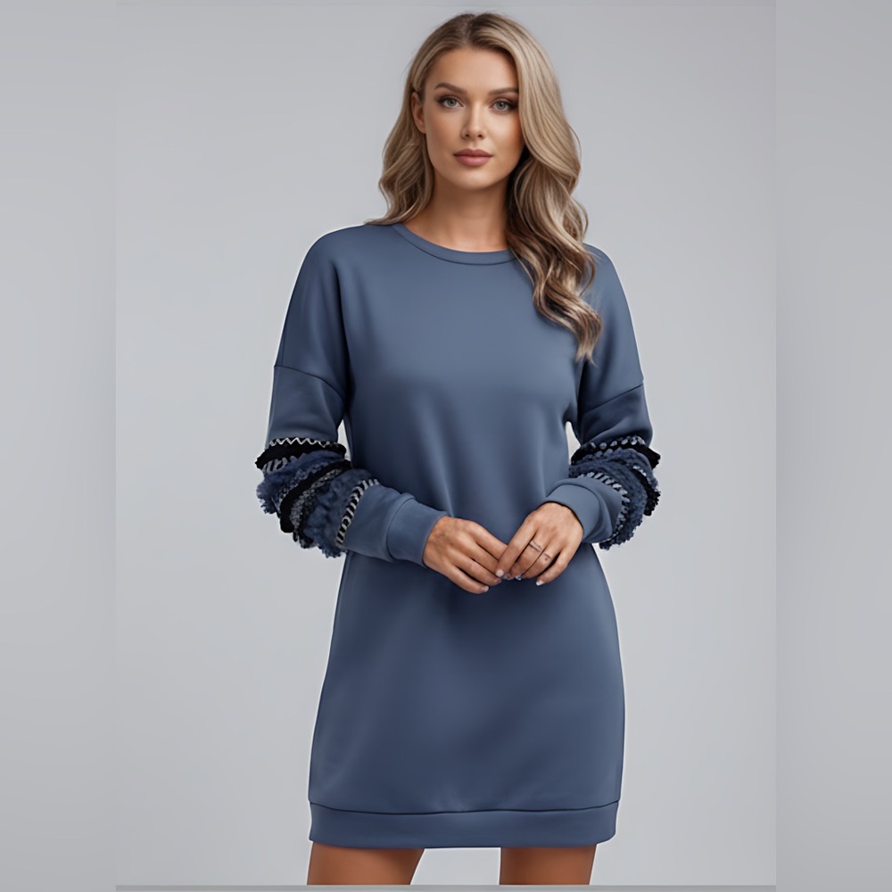 Blue Sleeve Fringe Sweatshirt Dress
